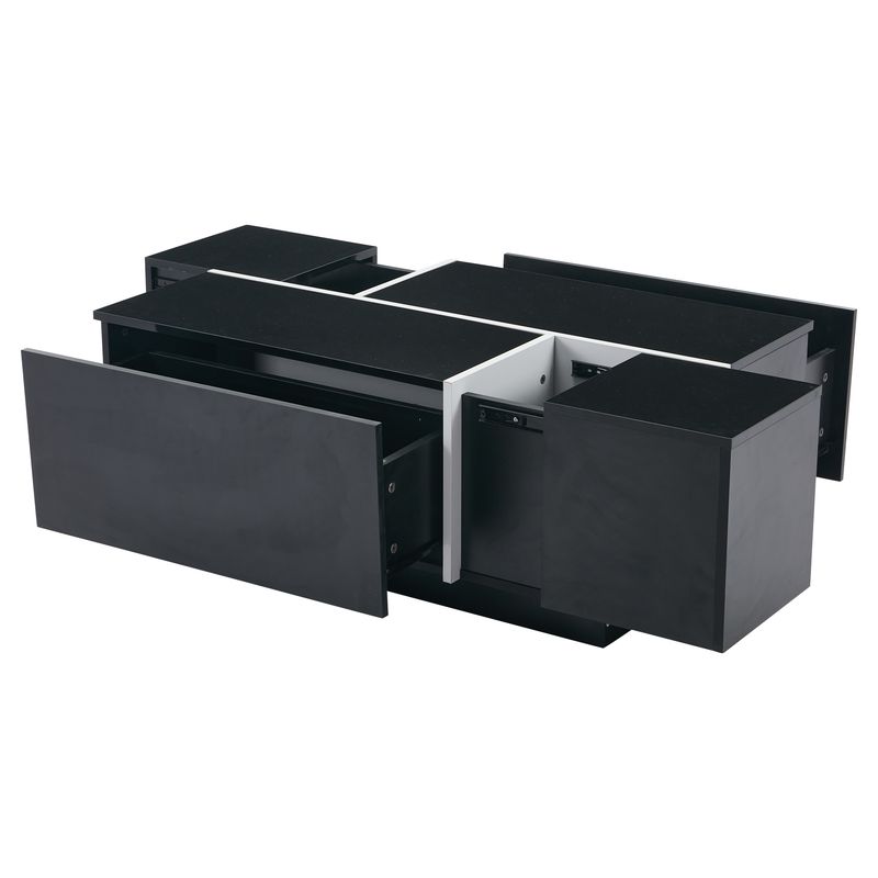Table basse carrée noire moderne 100 x 60 x 40 cm, finition patchwork brillante, 4 tiroirs et plateau coulissant, supporte jusqu'à 30 kg._voghion.com