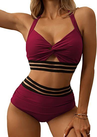 Bikini a due pezzi a vita alta con scollatura a V e costume da bagno incrociato_voghion.com