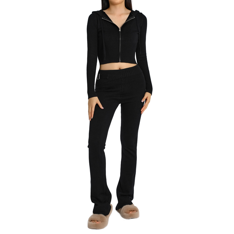 Traje de punto con capucha para mujer, conjunto de dos piezas con pantalones de manga larga y cintura alta, sexy y moderno, estilo europeo y americano, 2023_voghion.com