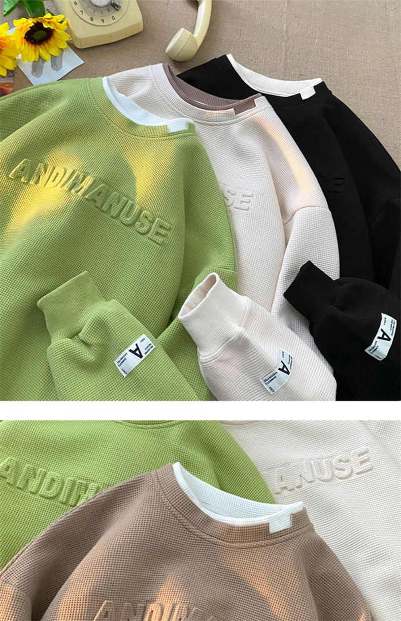 Abbigliamento maschile felpa verde tendenza uomo ins waffle cappuccio senza maniche girocollo due pezzi maglietta oversize a maniche lunghe_voghion.com