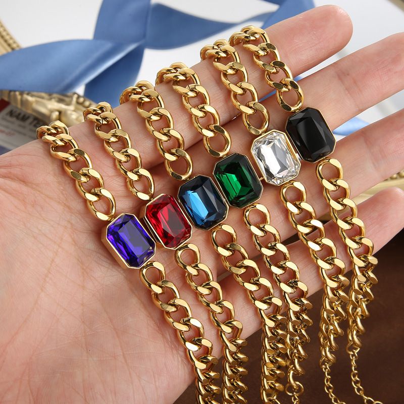 Kalu Neues Damen-Nischenarmband aus kubanischer Kette aus Titanstahl, metallisiert, vakuumgalvanisiert, Kristallglas_voghion.com