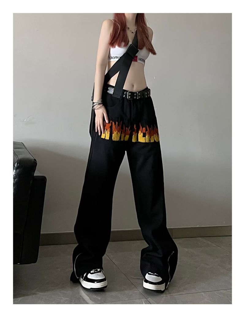 Asciugamani alla moda ricamati con cerniera larga pantaloni lunghi a gamba dritta jeans hip-hop americani da strada_voghion.com