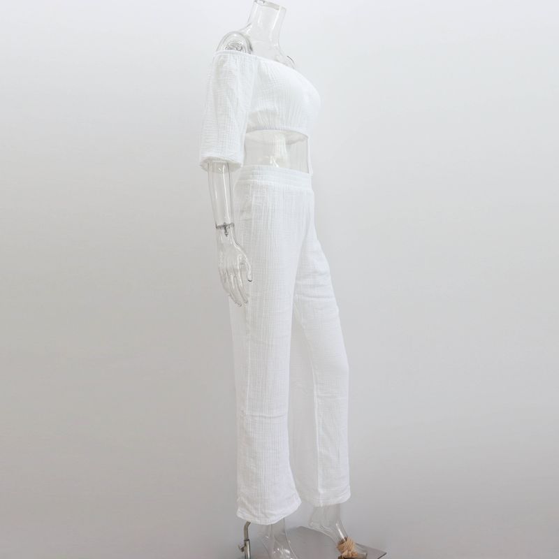 Damen-Knitterstoff aus reiner Baumwolle, einfarbig, kurzärmliges Oberteil mit Kragen, Hose mit hoher Taille und weitem Bein, lässiger Anzug_voghion.com