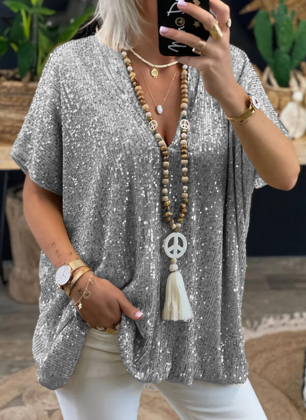 Summer Short Sleeve Urban Casual Solid Color Loose Pullover Sequin T-Shirt for Women_voghion.com