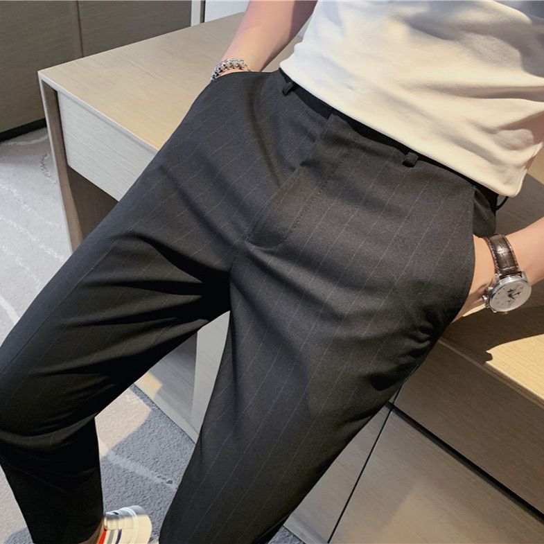 Summer thin men's slim-fitting trousers fashionable striped pants Korean version comfortable micro-elastic small foot_voghion.com