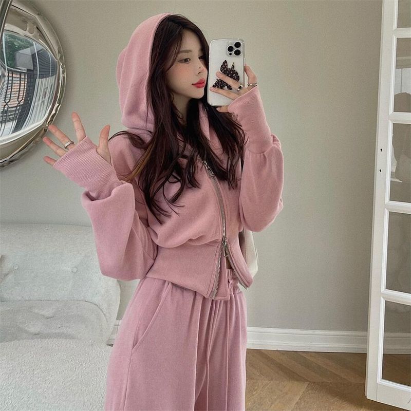Early Autumn Sports Style Double Zipper Hoodie Short Jacket Drawstring Jogger Pants Set Two-Piece Women's Outfit_voghion.com
