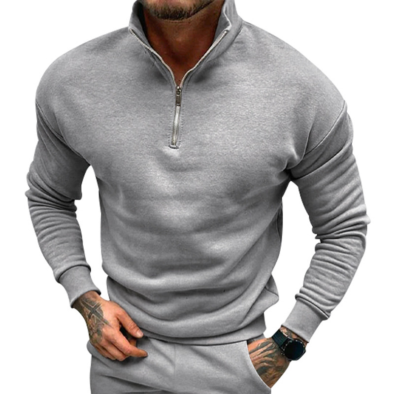 autumn and winter men's casual plus velvet solid color long-sleeved half-zipper POLO stand-up collar top men_voghion.com