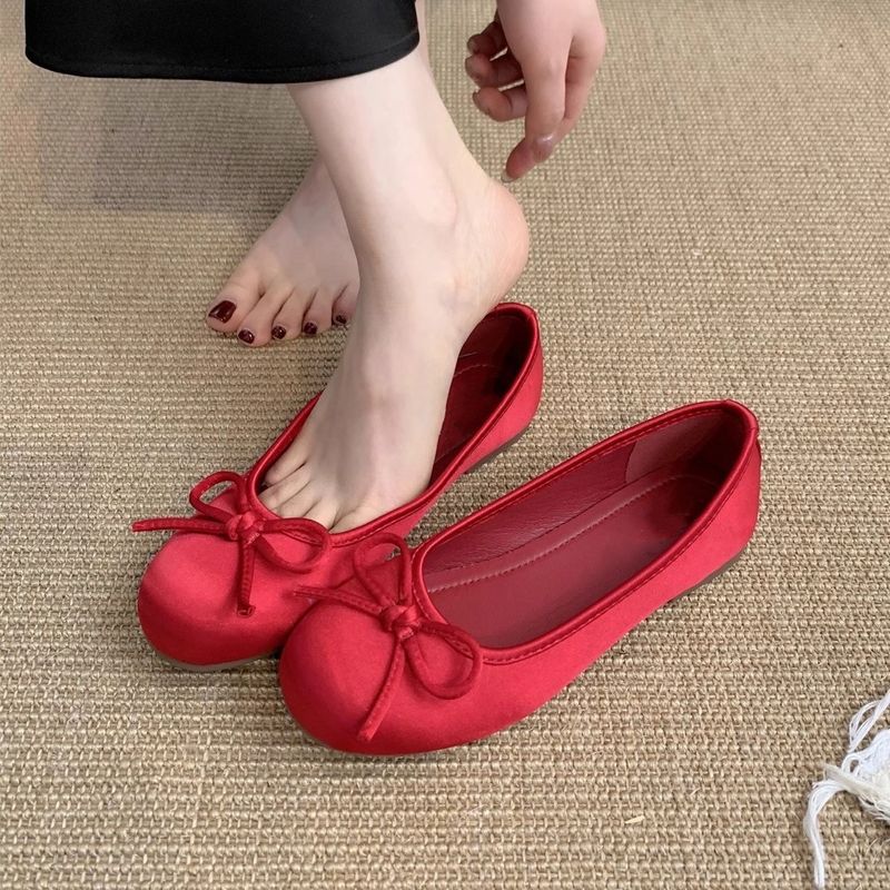 Rote flache einzelne Schuhe für Frauen im Frühjahr im neuen französischen Stil, sanfte Fee, runde Zehenpartie, Ballett-Flache Loafer_voghion.com