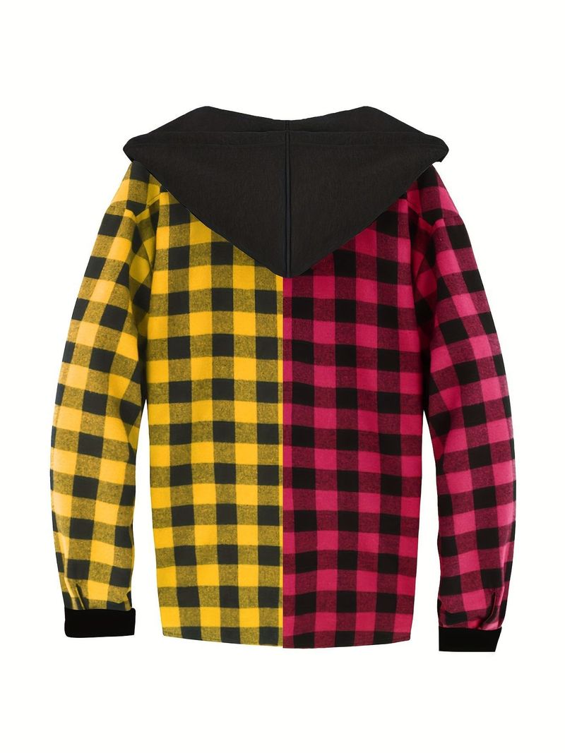 Felpa con cappuccio a quadri, con cappuccio in flanella e con cappuccio a contrasto, con cappuccio di tendenza alla moda di New York da uomo_voghion.com