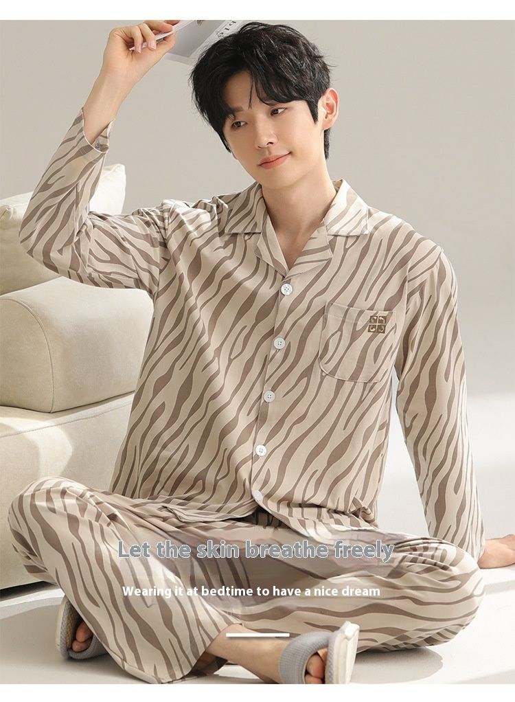 Men's sleepwear, pure cotton spring and autumn long sleeves, 2024 new style, high-end, plus size loose men's home suit_voghion.com