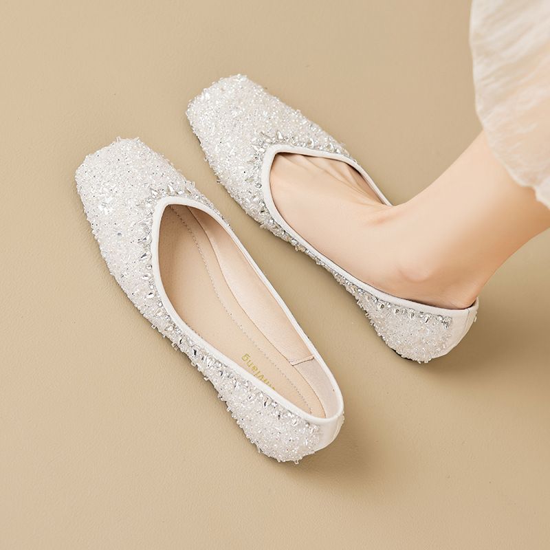 Rhinestone Single Shoes Female Flat Autumn With Skirt One Pedal Fairy Wind Beanie Shoes Large Size_voghion.com