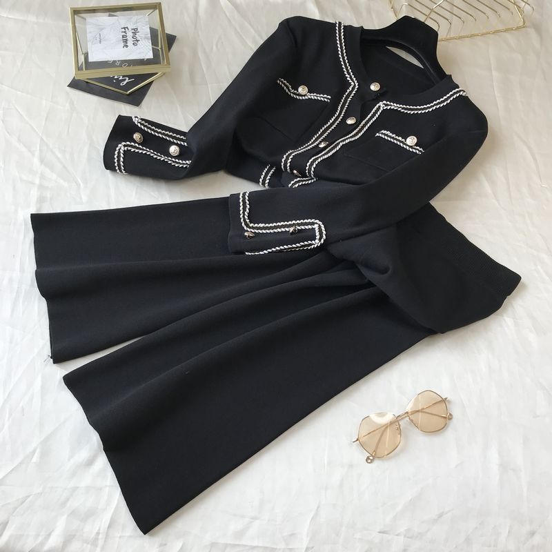 Kadın moda yuvarlak boyun örme hırka üst geniş bacak pantolon iki parçalı set_voghion.com