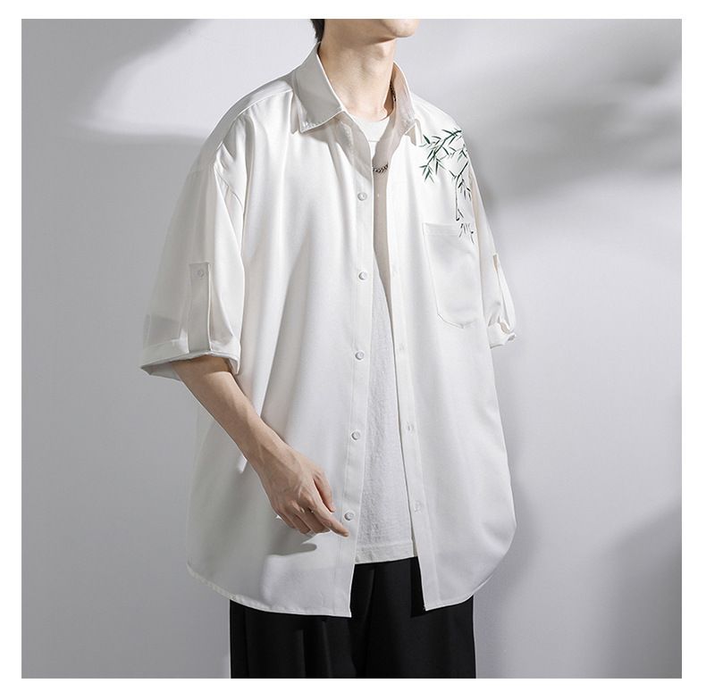 Camicia bianca a maniche corte, giacca da uomo alla moda in seta ghiacciata ad asciugatura rapida, camicia a maniche a 7 quarti, estate_voghion.com