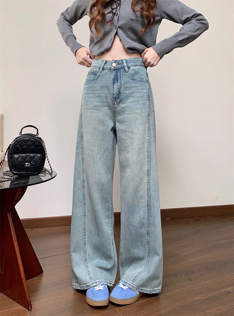Weite Jeans im Frühlingsstil für Damen, neue hoch taillierte, gerade Beine mit hängendem Griff, bodenlange Hose_voghion.com