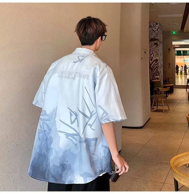 Vīriešu vasaras moderns, zīdains, stilīgs, augstas klases gradienta tintes gleznošanas krekls, kas paredzēts pāriem, ir ļoti plašs._voghion.com