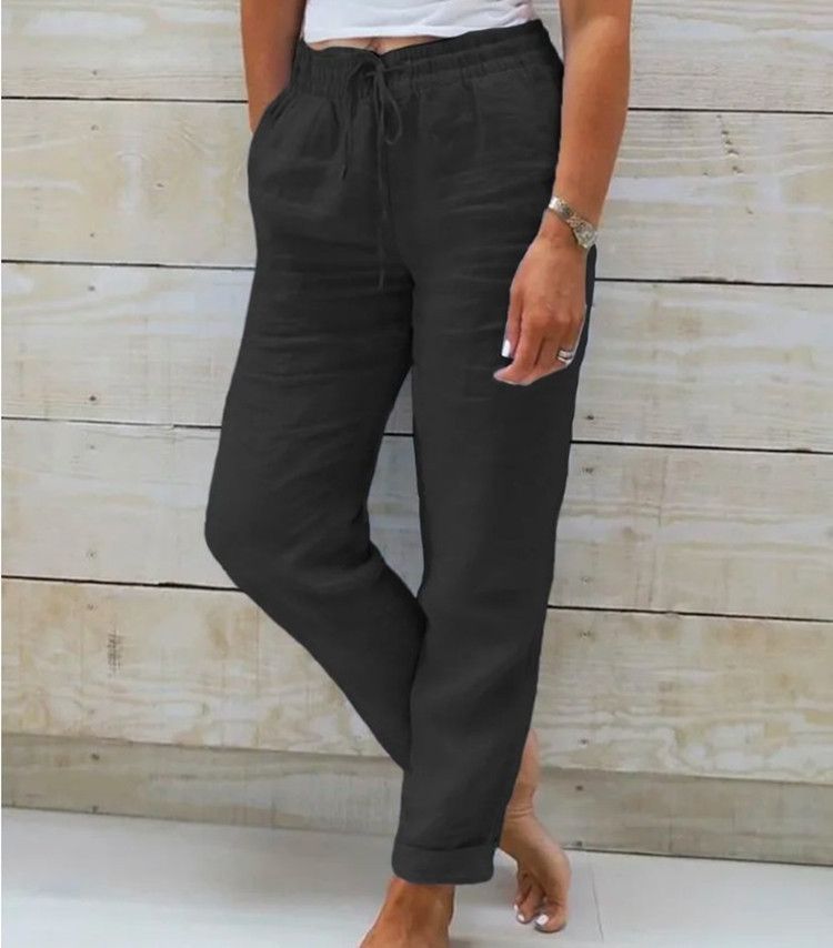 Pantaloni casual in cotone e lino tinta unita con elastico in vita e vita alta da donna_voghion.com