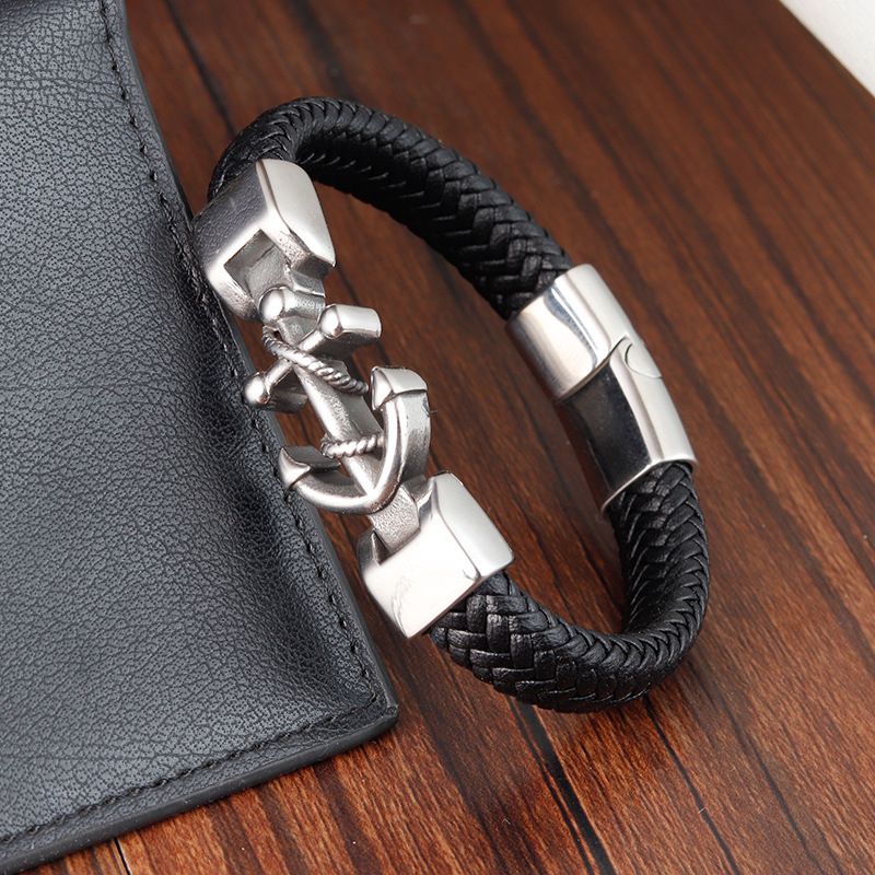Mode Gewebt Punk Stil Anker Zubehör Multi-schicht Leder Stahl Armband Schmuck L20275_voghion.com