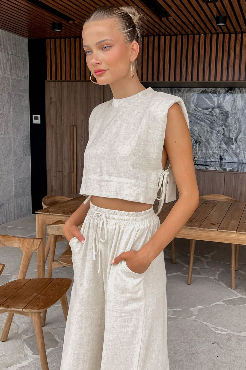 Moda feminina ombro almofada sem mangas blusa e calças de duas peças casual moda algodão linho terno_voghion.com