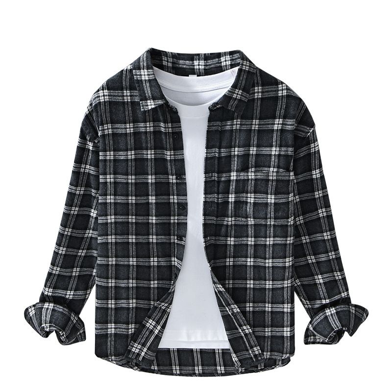 Camicia a maniche lunghe a quadri per uomo in autunno, alla moda e versatile, artistica e casual, camicia ampia e spazzolata_voghion.com