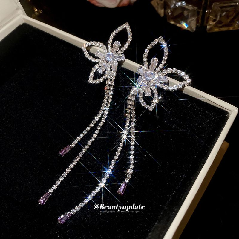 Orecchini pendenti con nappa a forma di fiore cavo in zircone con ago in argento, eleganti e raffinati, leggeri e di lusso._voghion.com