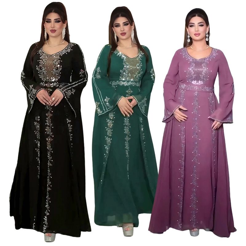 Elegantes Langarm-Maxikleid mit Strassverzierung, schlichtes muslimisches Abendkleid für Damen, A-Linien-Abendkleid in Übergröße (Grün/Violett/Schwarz)_voghion.com