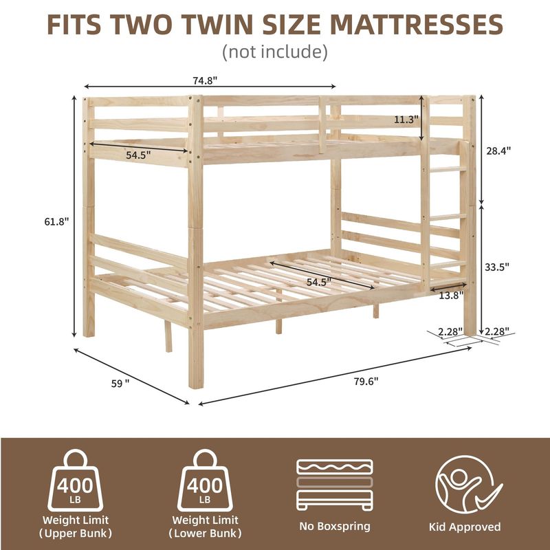 Full Over Full Bunk Bed With Thick Posts,Wooden Bunk Bed With High Guardrail And Ladder For Kids, Teens, Dorm Rooms, And Guest Rooms,No Box Spring Needed, Natural_voghion.com