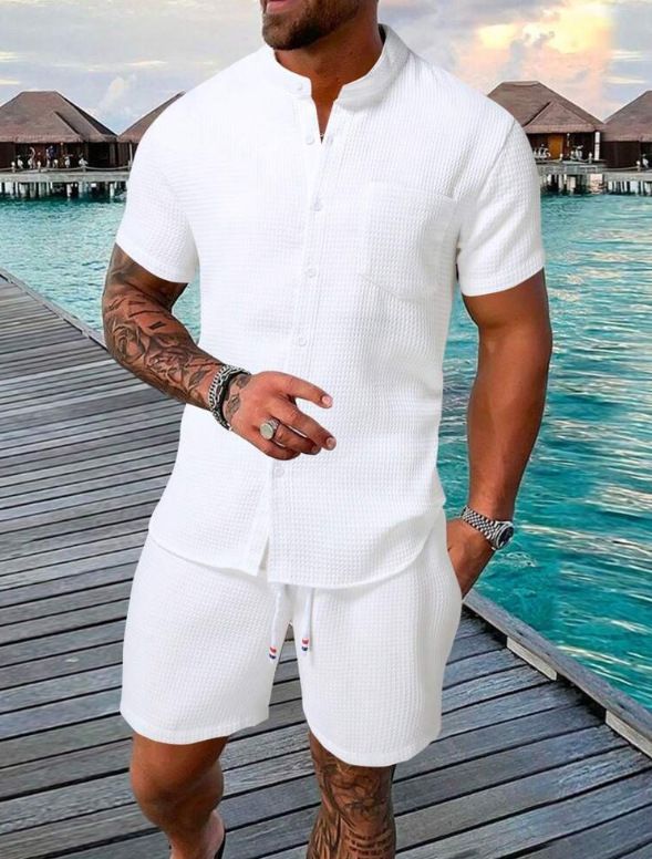 Conjunto de verão masculino de duas peças - Camisa texturizada de manga curta e shorts combinando | Conjunto casual de cor sólida_voghion.com