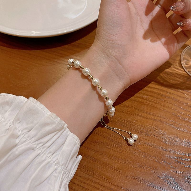 Shuosbai Dame Armbånd Beaded Justerbar Elegant Deilig Enkel Stil Gave Gylden høyglans Pearl Jenter Armbånd Mote Smykker_voghion.com