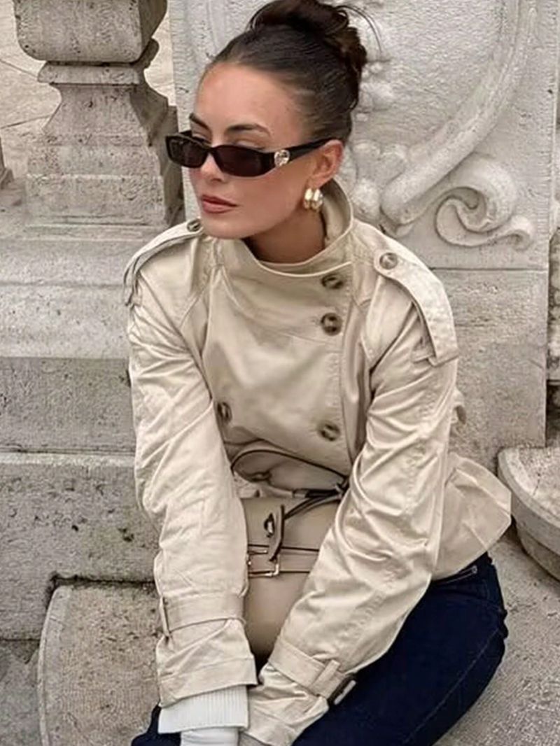 Trench con cintura da donna – Giacca a vento corta color cachi (S-L) Abbigliamento da donna_voghion.com