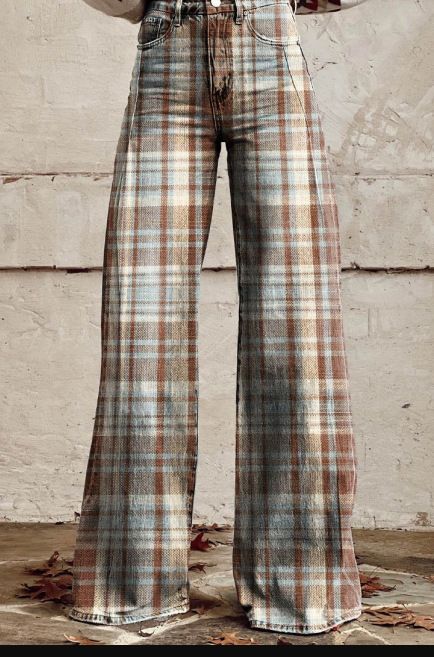 Trendy Plus Size Women's Printed Flare Pants - Stretch Denim-Like Wide Leg Trousers With 3D Patterns, Comfortable & Stylish Casual Wear_voghion.com