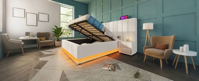 Lit double 160 x 200 cm avec rangement intégré, éclairage LED et recharge USB-C via application, sommier à lattes et matelas inclus, similicuir, blanc_voghion.com