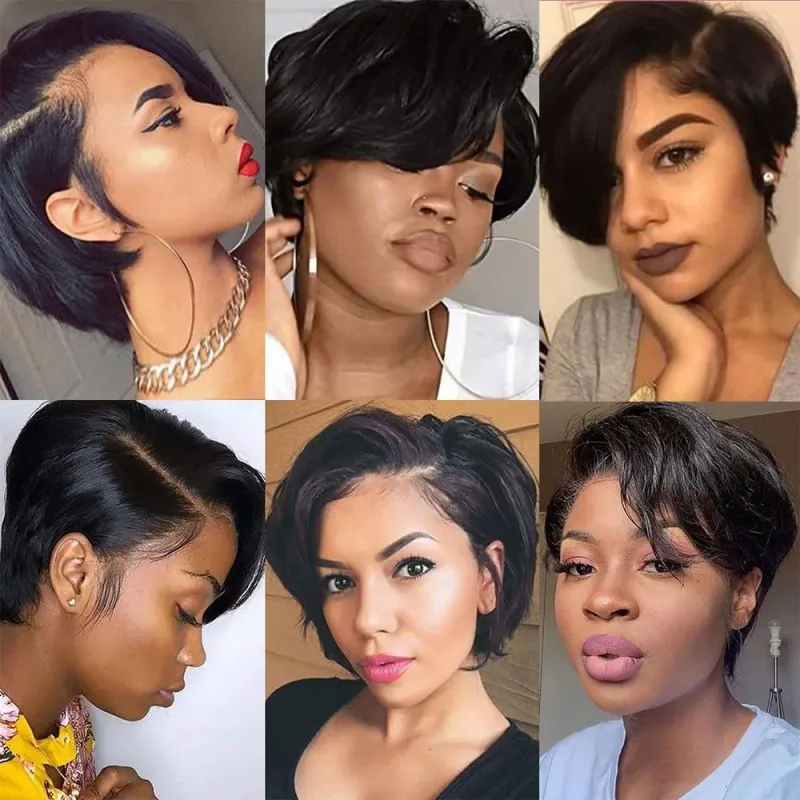 Parrucche corte Pixie Cut Parrucche Bob lisce per capelli umani Parrucche frontali in pizzo trasparente brasiliano per donne Colore naturale_voghion.com