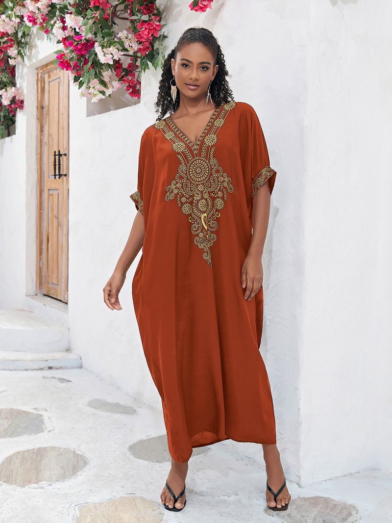 Maxikleid aus Baumwolle mit Stickerei, Strand-Überwurf-Tunika mit Blumenmuster – leicht und fließend für Damen_voghion.com