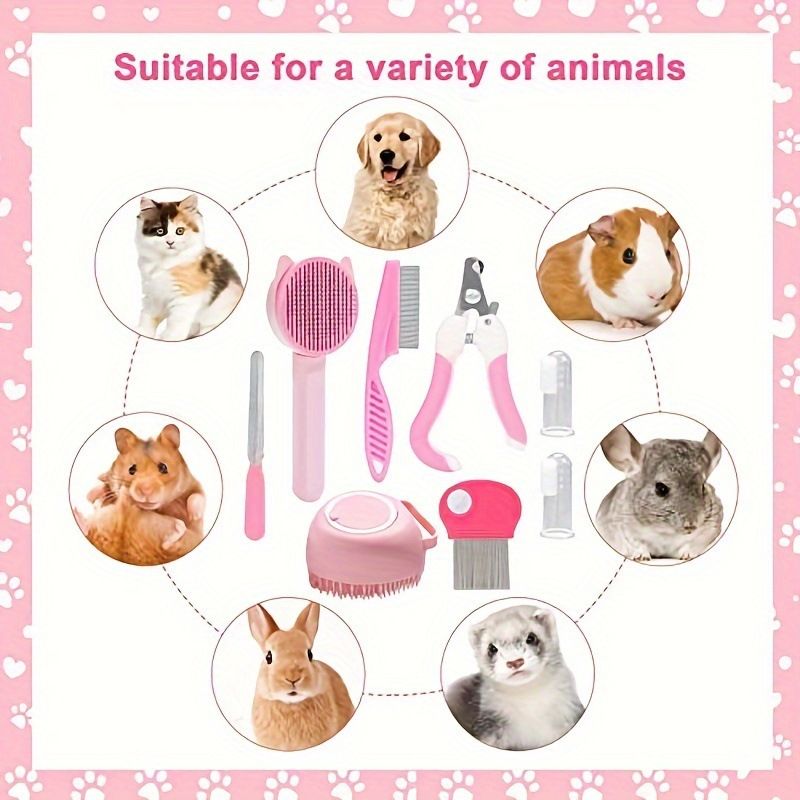 9-piece Cat Brush Grooming Set With Nail Clippers And File, Silicone Self-cleaning Brush, Flea Comb, Pet Supplies_voghion.com