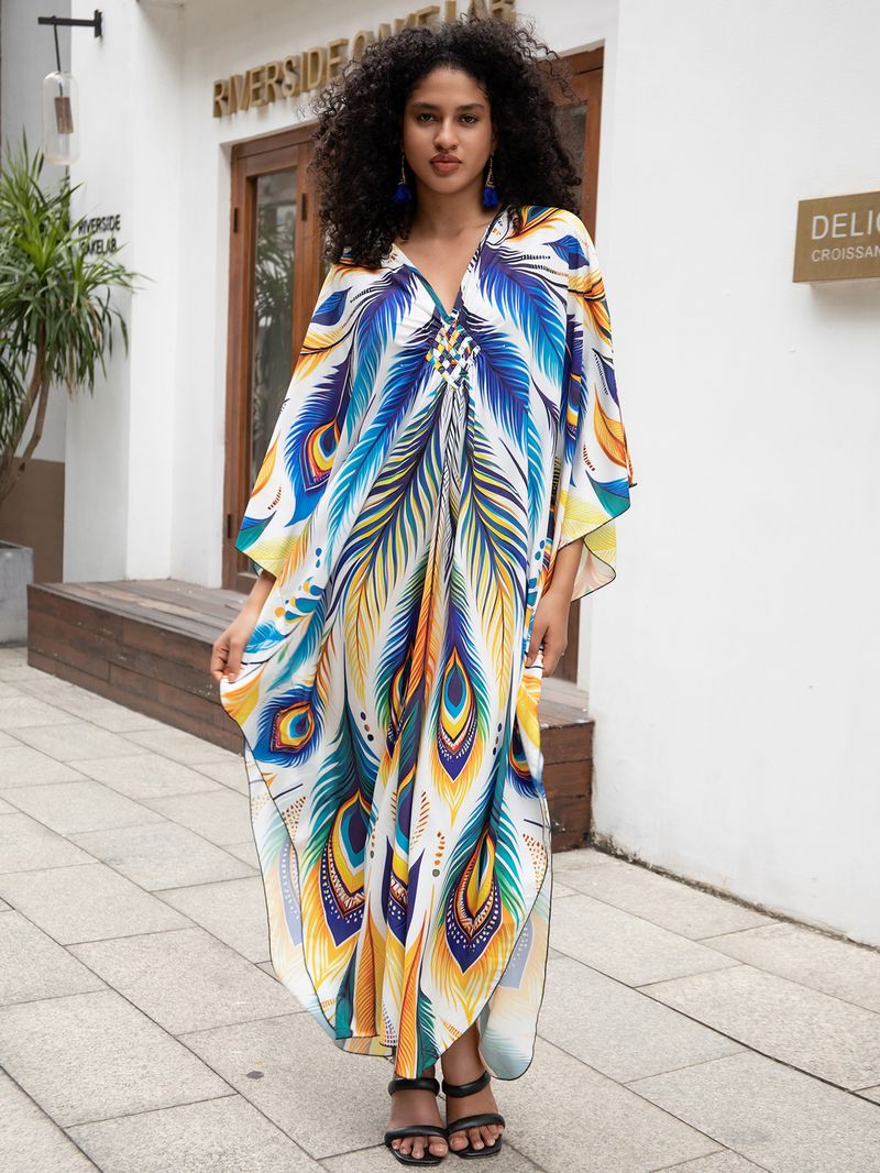 Beach Cover-Up Dress – Flowy Long Bikini Robe With Exotic Prints (Peacock/Abstract/Feather, One Size)_voghion.com