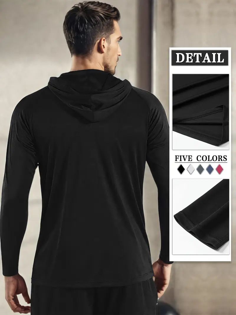 Sweat à capuche de performance pour homme - Haut de course slim évacuant l'humidité pour l'automne et l'hiver, vêtement de fitness léger à séchage rapide avec capuche réglable_voghion.com