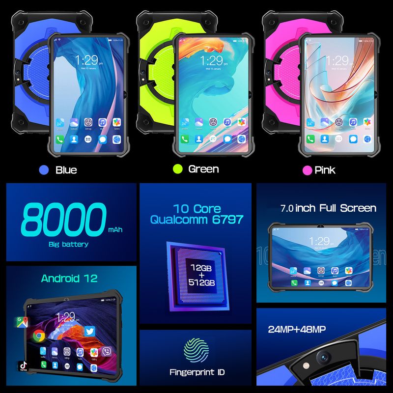 Tablet per bambini da 7 pollici con supporto, schermo antiurto, 4 GB di RAM, 64 GB di spazio di archiviazione, Android 15, Wi-Fi, blu/verde/rosso_voghion.com