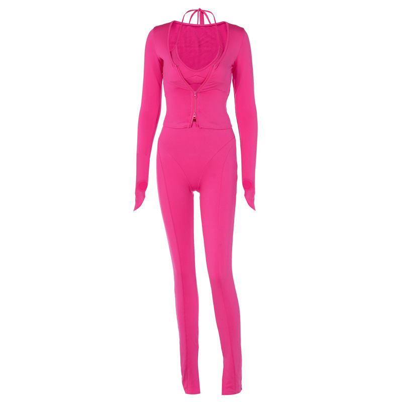 2024 Wiosna Nowość Outsider Street Shooting Sleeves Jednolity kolor Dekoracja Obcisły Seksowny Pikantny Dziewczęcy Trzyczęściowy Zestaw Damski_voghion.com