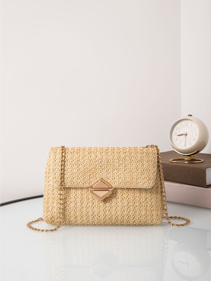 Borsa a tracolla estiva intrecciata da donna - Borsa in paglia con chiusura a diamante e tracolla a catena (borsa a tracolla minimalista da donna)_voghion.com