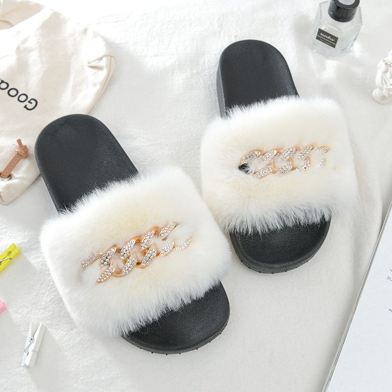 Women's Fashion Fluffy Slide With Metal Chain Detail, Round Toe, Thick Sole, Non-Slip Comfort For Summer Outings Furry_voghion.com