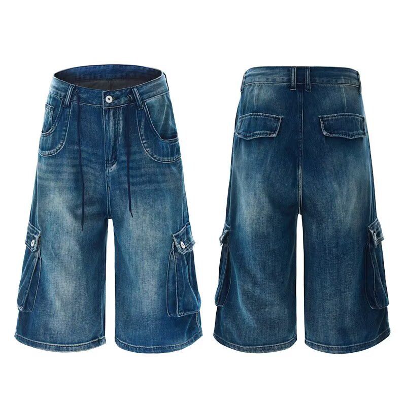 Summer New American Style Loose Fit Three-Dimensional Pocket Capri Pants Unisex Cargo Denim Shorts Versatile Slimming_voghion.com