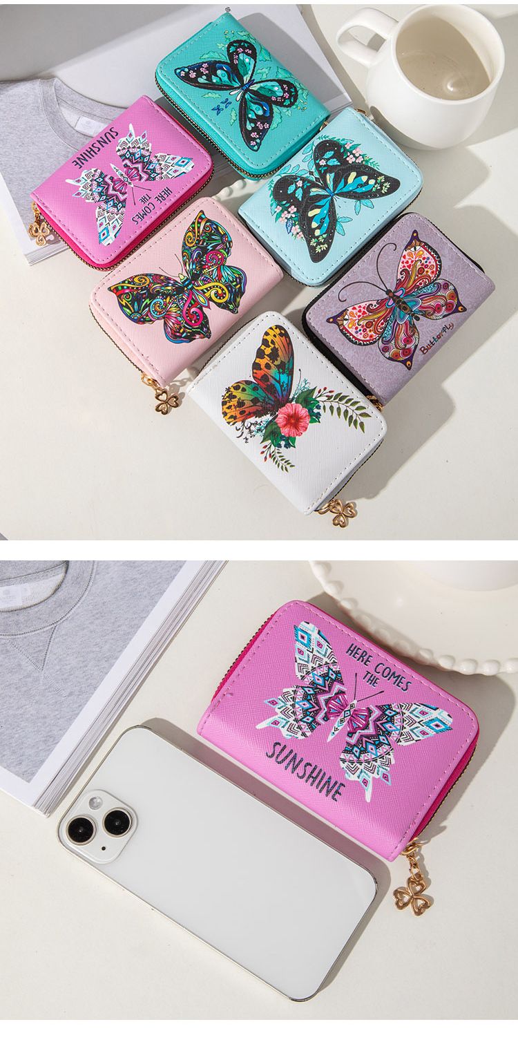 Hot Selling Women's Mini Wallet With Butterfly Embossed PU Material Flower Zipper Card Holder Mobile Phone Bag_voghion.com