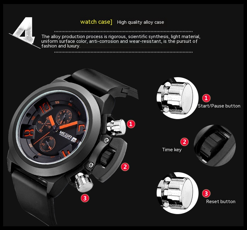 Nyt bedst sælgende ur Megal MEGIR multifunktionelt herreur Sports Silikone Tape Vandtæt kalender Quartz Watch 2002_voghion.com