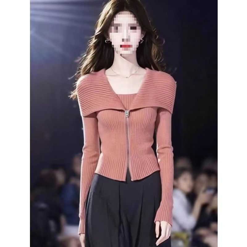 Französischer süßer Reißverschluss-Revers-Kurzstrick für Damen im Frühherbst 2024, Slim Fit und Abnehmen, langärmeliger Basispullover_voghion.com