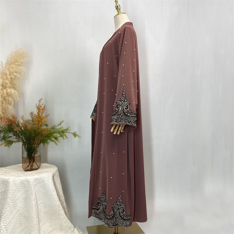 Vestiti da donna Abaya aperti in pizzo con perle, design alla moda musulmana, kimono lungo, kaftano, abiti islamici di Dubai per le donne_voghion.com