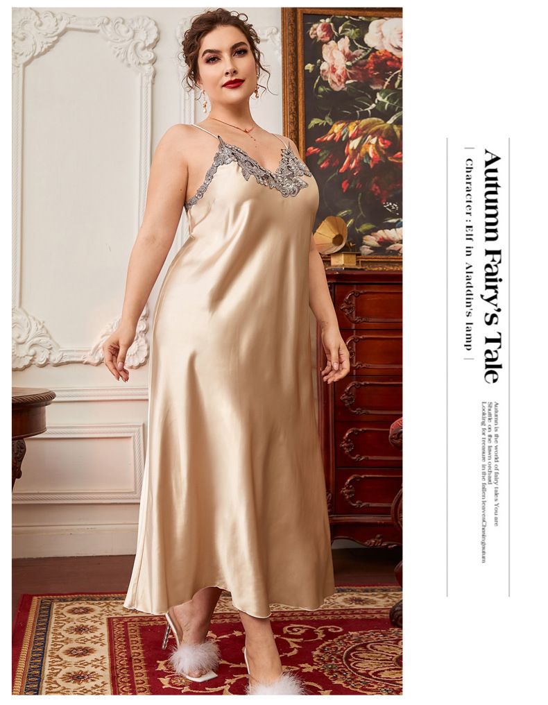 Pyjamas in Übergröße mit Hosenträgerrock, Frühling und Sommer, dünnes, modisches Nachthemd aus Spitze, lange Kunstseide, lässige Hauskleidung_voghion.com