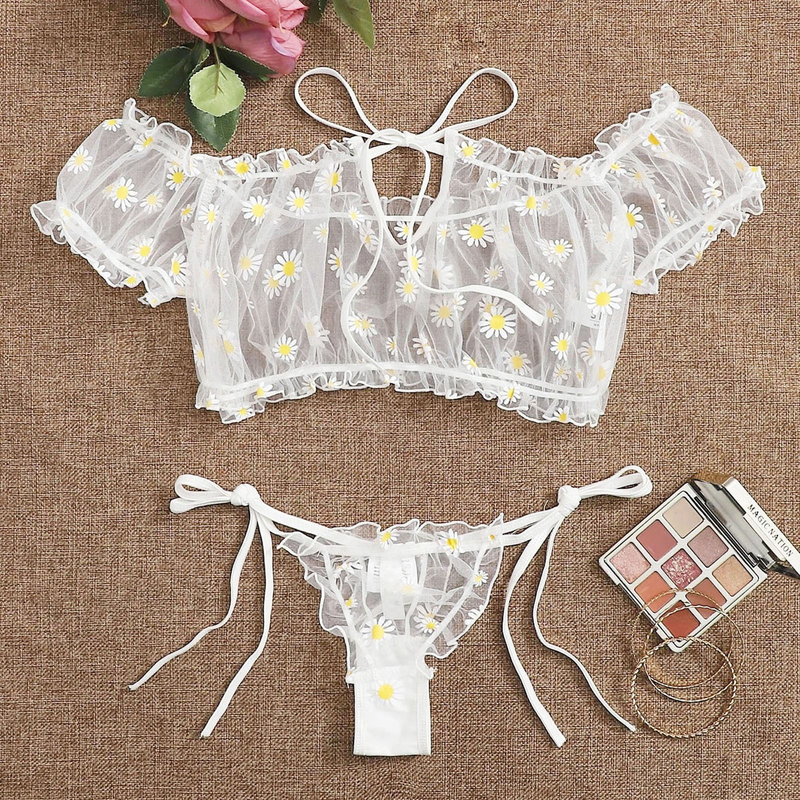 Women Perspective Lingerie Set Embroidery Lace Bowknot Strapless Bra Thong Set Temptation Underwear Sleepwear Nightwear_voghion.com