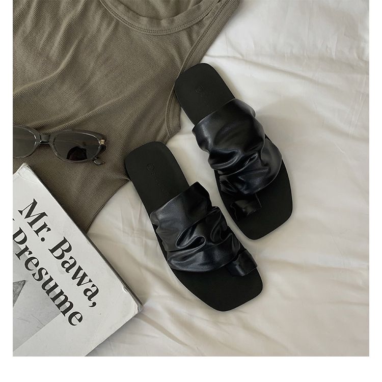 Women's Shoes Niche Design Slippers For Women To Wear As Outerwear Summer Pleated Pile Beach Flat Toe Sandals_voghion.com