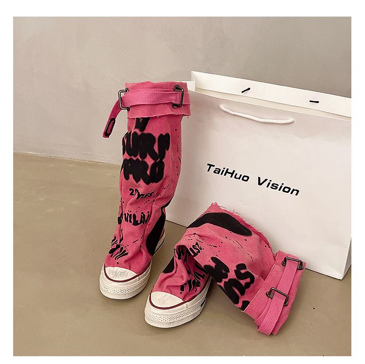 Damenschuhe Stiefel Damen Retro Flache Graffiti Wadenhohe Stiefel Sexy Große Mode Pile Stiefel_voghion.com