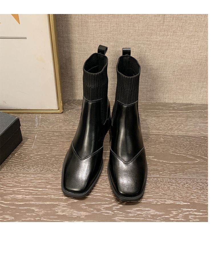 Autumn Winter Genuine Leather Knitted Sock Wool Thin Short Women Square Toe Chunky Heel Martin Boots_voghion.com